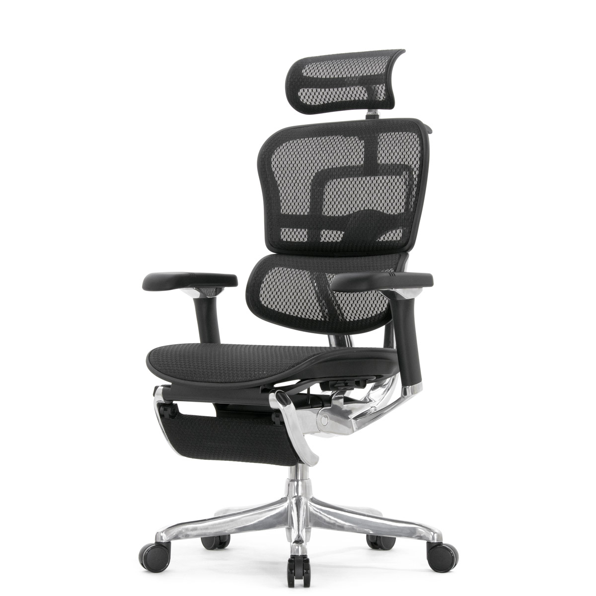 Эргономичное кресло Falto Ergohuman 2 Luxury с подножкой (SmartWork, алюминий, наклон вперёд, сетка, чёрный)