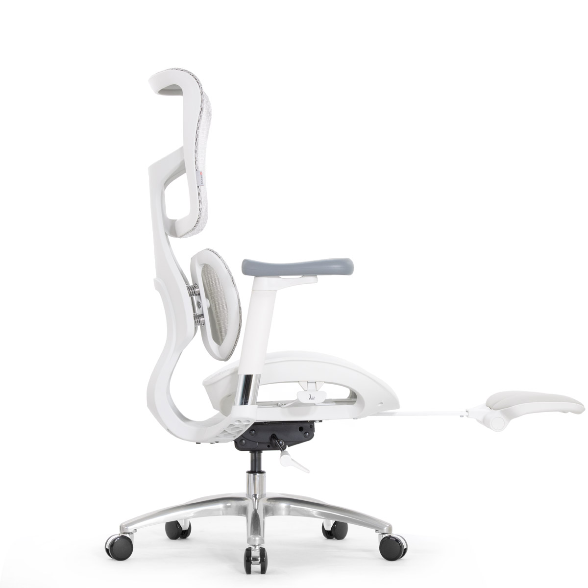 Эргономичное кресло Falto Scala Office с подножкой (разделённый поясничный упор, сетка, каркас белый, серый)